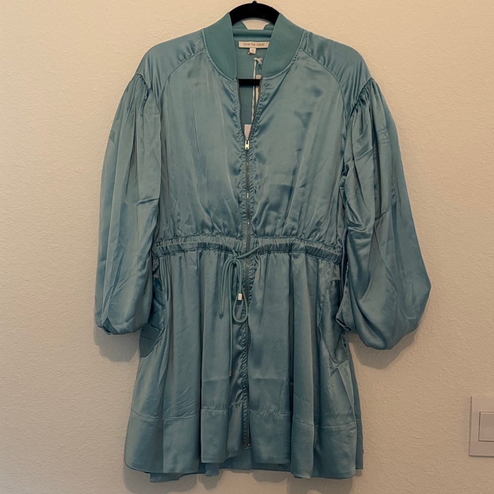 NWT Anthropologie Blue Satin Dress with Balloon Sleeves